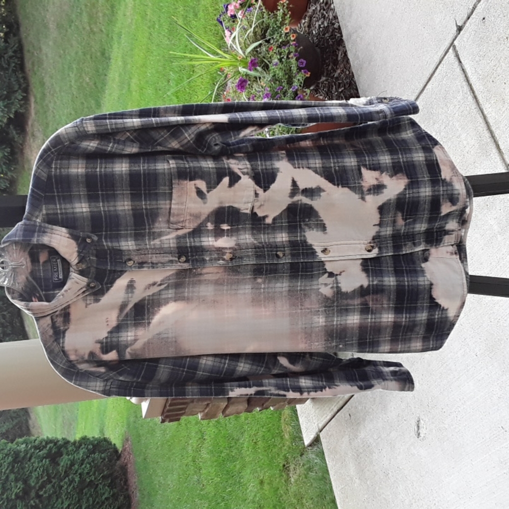 GRUNGE Premier International Bleach Dye Flannel Shirt Mens Medium Plaid Navy